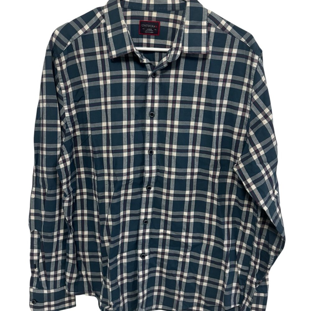 Men’s UNTUCKit Blue and Red Plaid Button Down Shirt.  Size L